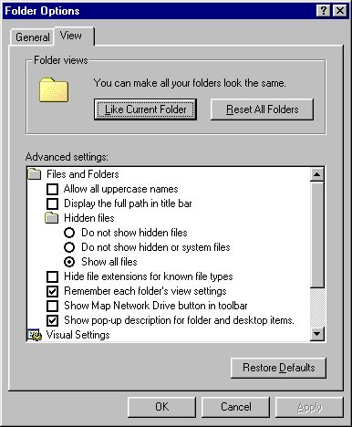 folder options window, showing settings to avoid having files hidden