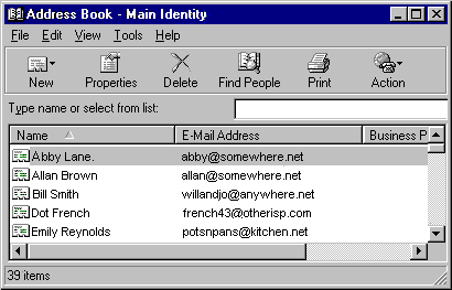 address book showing names and email addresses