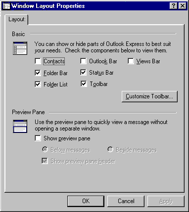 Outlook Express Layout Properties. This picture shows that, in the lower part of the box, the first small square field is blank and the fields below it are consequently greyed out.