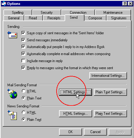 html settings button in Outlook Express options