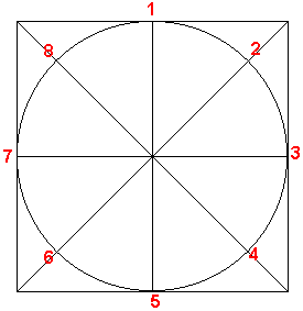 Template for drawing a flower in MS Paint. A circle within a square, with diagonals, vertical and horizontal diameters drawn in.