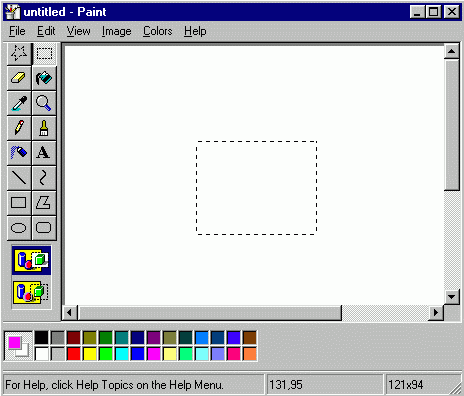 Paint Window showing a selected area and also showing status bar and palette