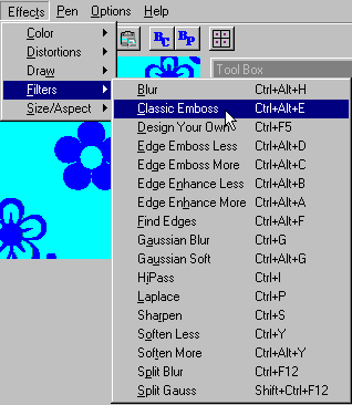 sTile effects menu showing Classic Emboss