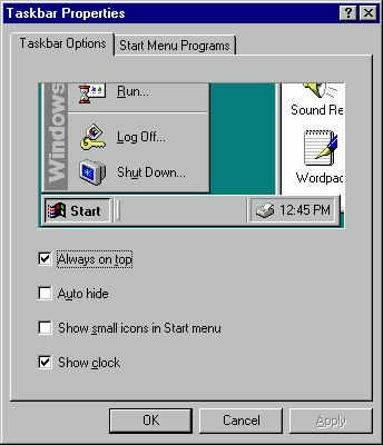 task bar properties, showing how to hide or show the taskbar